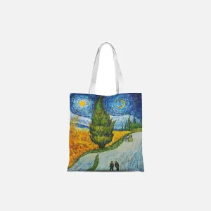 Retro Leisure Eco Striped Tote Bag with Cartoon Print Decorations