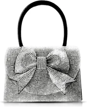 Rhinestone Evening Bag, Handbag for Women, Small Tote Bag, Silver Bow Tie Crossbody Bag for Wedding, Prom, Parties
