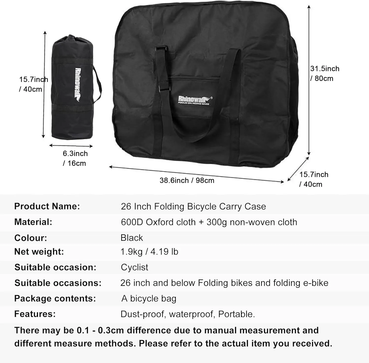 Rhinowalk 20/26inch Folding Bike Bag Waterproof Biycle Travel Case Carrying Case Outdoors Bike Transport Bag for Car Train Air Travel
