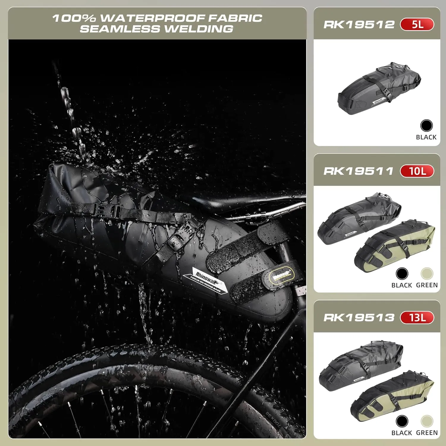 Rhinowalk Bike Saddle Bag Waterproof Bicycle Bag Cycling Seat Bag Mountain Road Portable Storage Bag, 13L