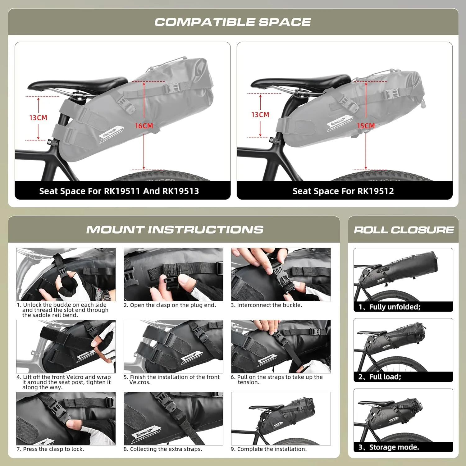 Rhinowalk Bike Saddle Bag Waterproof Bicycle Bag Cycling Seat Bag Mountain Road Portable Storage Bag, 13L