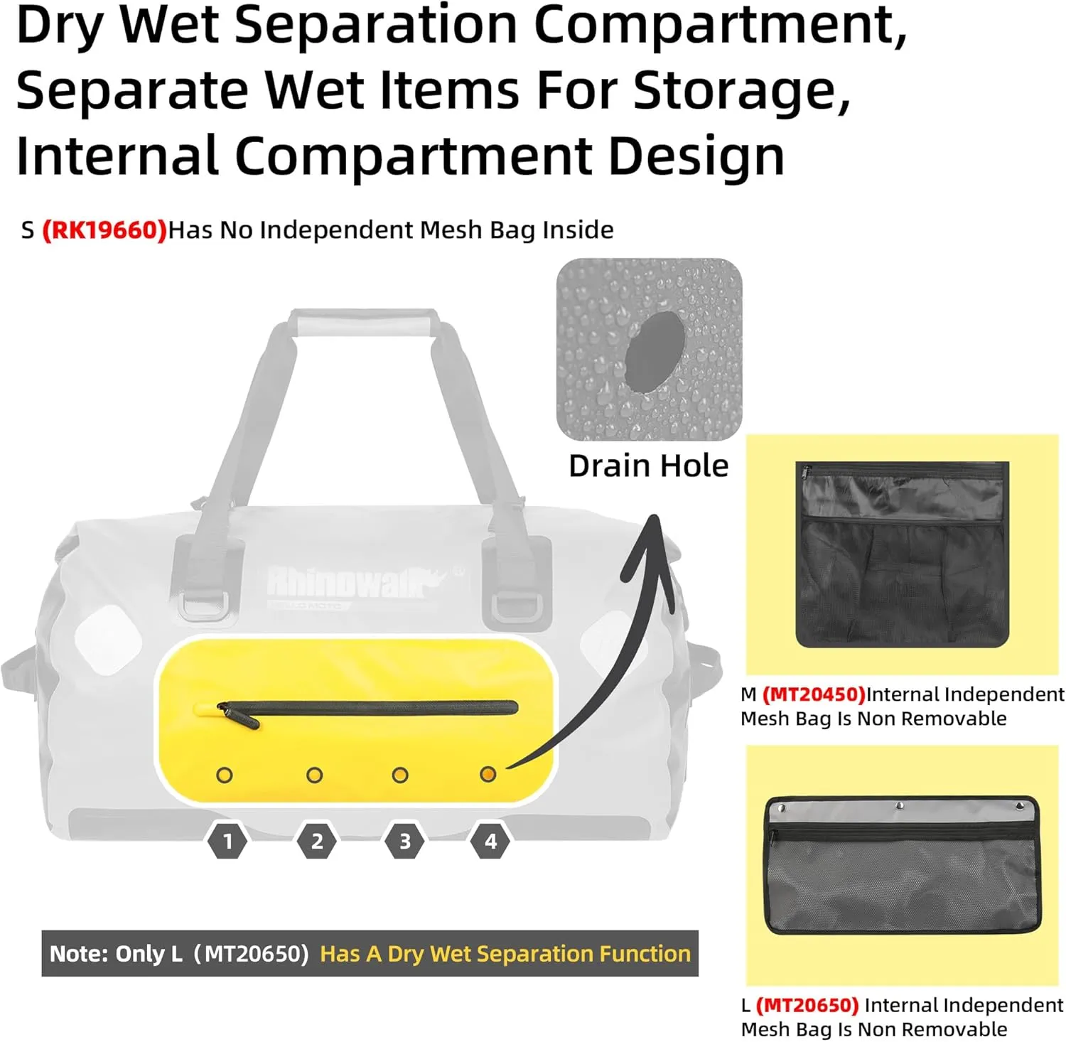 Rhinowalk Motorcycle Dry Bag 65L Waterproof Duffle Dry Bag Motorcycle Travel Luggage with Large Storage Space for Camping, Boating, Bycycle, Motorbike-Yellow