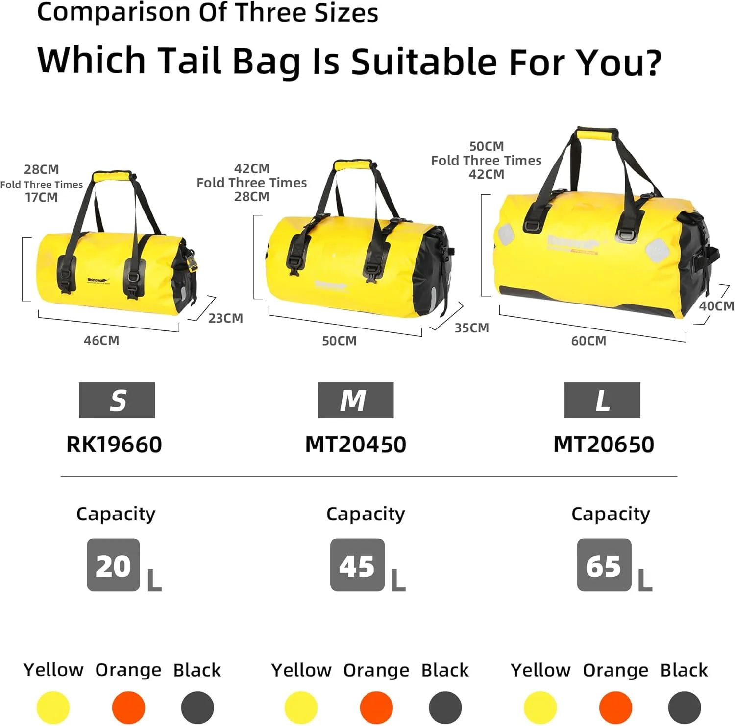 Rhinowalk Motorcycle Dry Bag 65L Waterproof Duffle Dry Bag Motorcycle Travel Luggage with Large Storage Space for Camping, Boating, Bycycle, Motorbike-Yellow