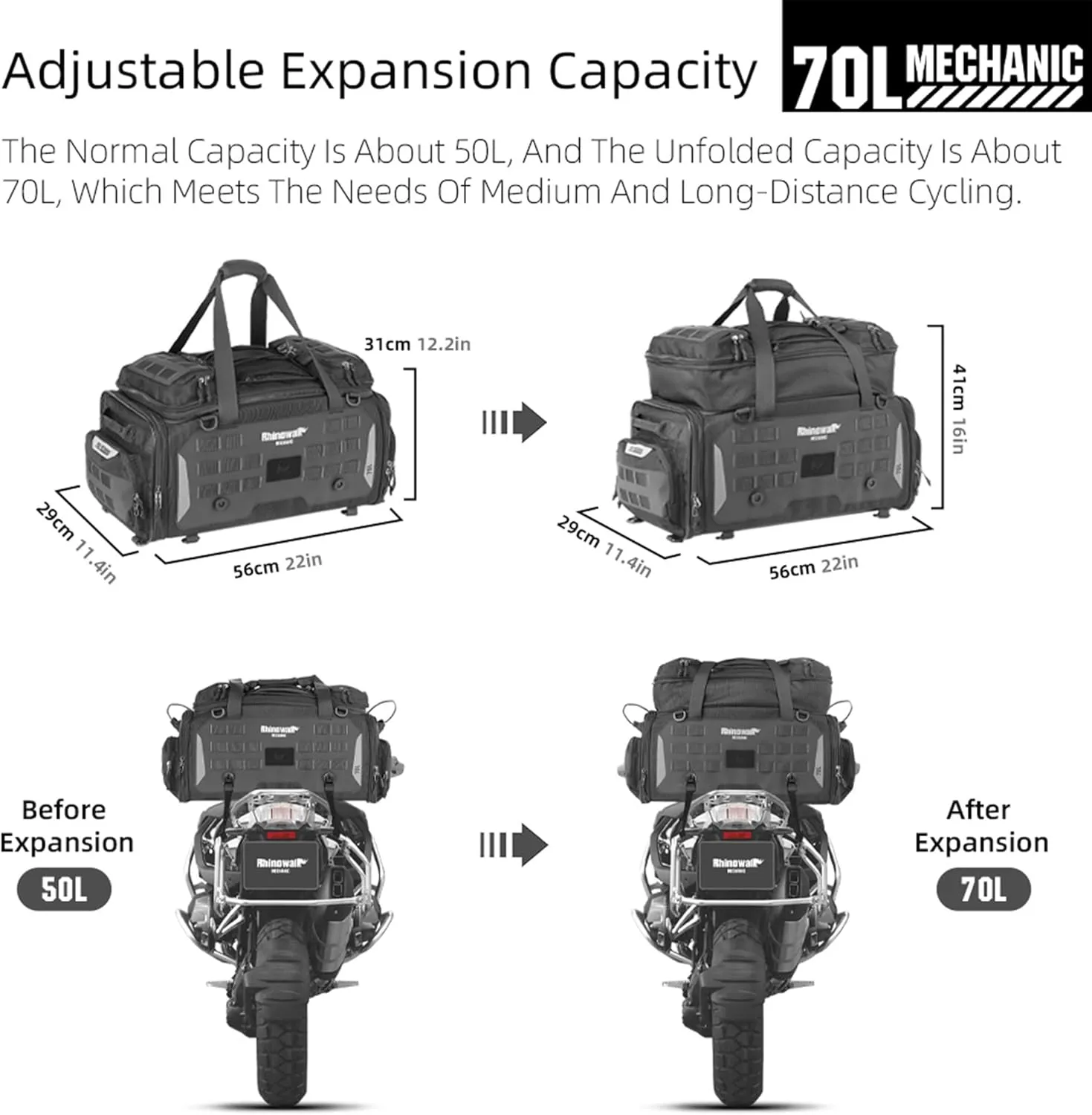 Rhinowalk Motorcycle Tail Bag - Expandable 50-70L Travel Luggage, Sport Saddle Bag, Waterproof Helmet Bag with Rain Cover, Backpack & Molle System (Black)