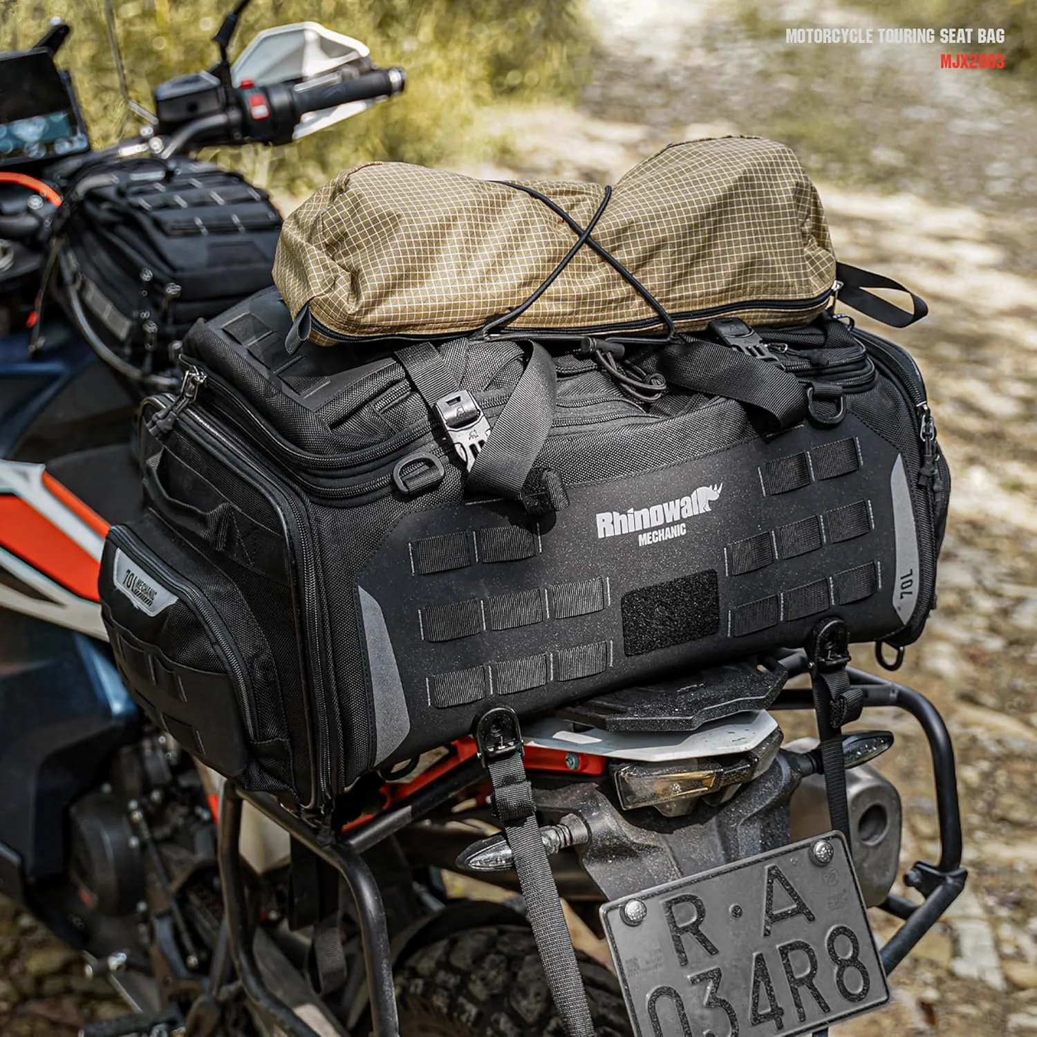 Rhinowalk Motorcycle Tail Bag - Expandable 50-70L Travel Luggage, Sport Saddle Bag, Waterproof Helmet Bag with Rain Cover, Backpack & Molle System (Black)
