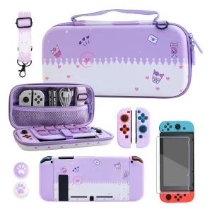 RHOTALL Purple Rabbit Carrying Case Set for Nintendo Switch with 10 Slots,Cute Portable Travel Bag Accessories with Protective Soft Cover Case,Screen Protector, Adjustable Strap, 2PCS Thumb Grips