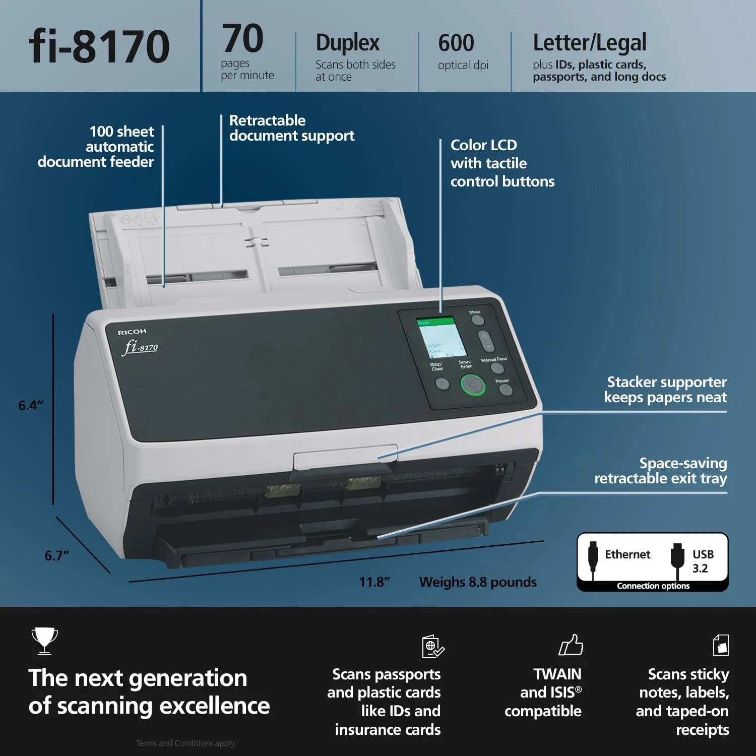 RICOH fi-8170 Professional High Speed Color Duplex Document Scanner - Network Enabled