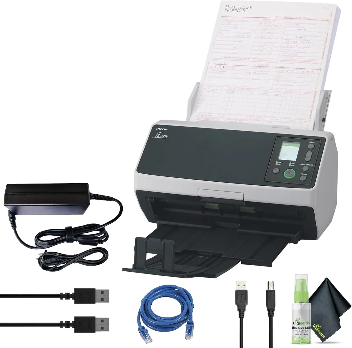 RICOH fi-8170 Professional High Speed Color Duplex Document Scanner (PA03810-B055)   USB Printer Cable   Network Cable
