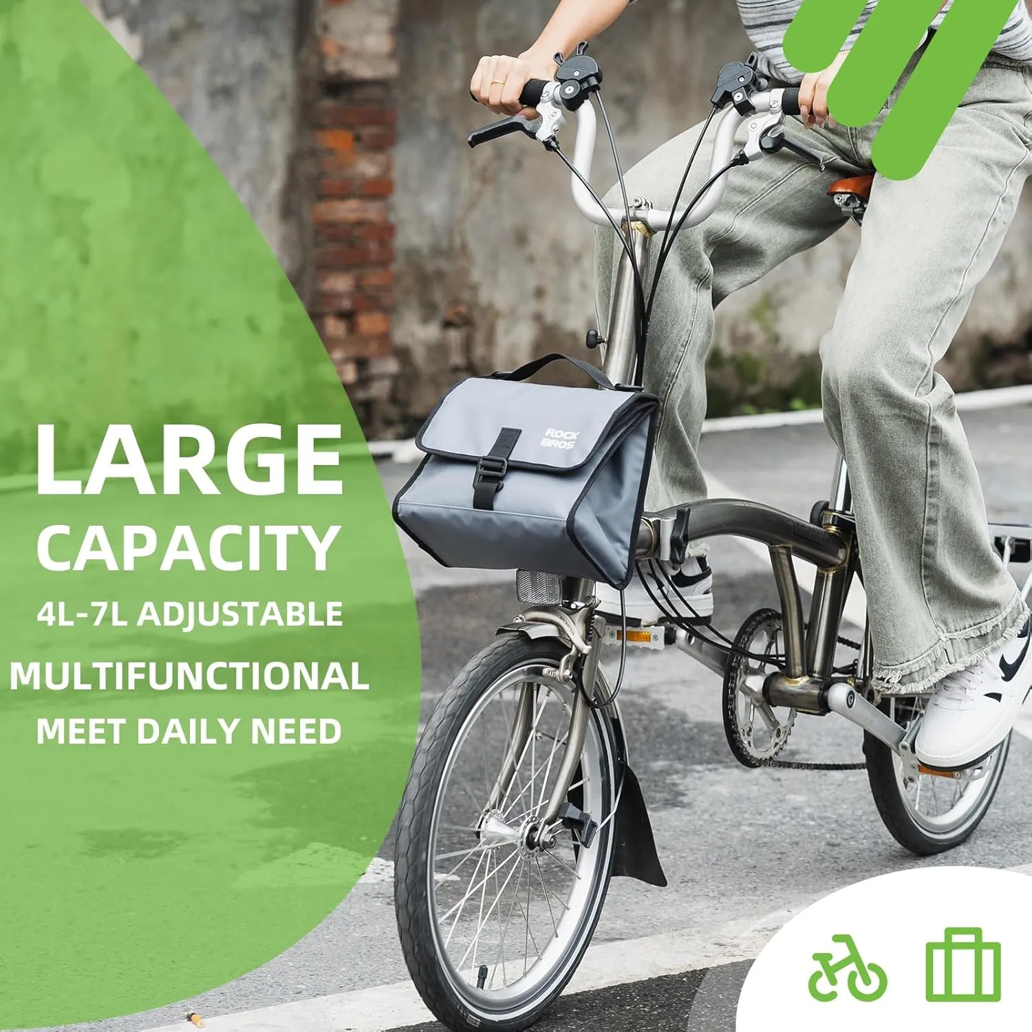 ROCKBROS Bike Bag, 4L-7L Adjustable Capacity Bicycle Bag for Brompton Folding Bike, Insulated Lunch Bag Waterproof Bicycle Front Storage Bag, Crossbody Bag for Men Woman, Grey