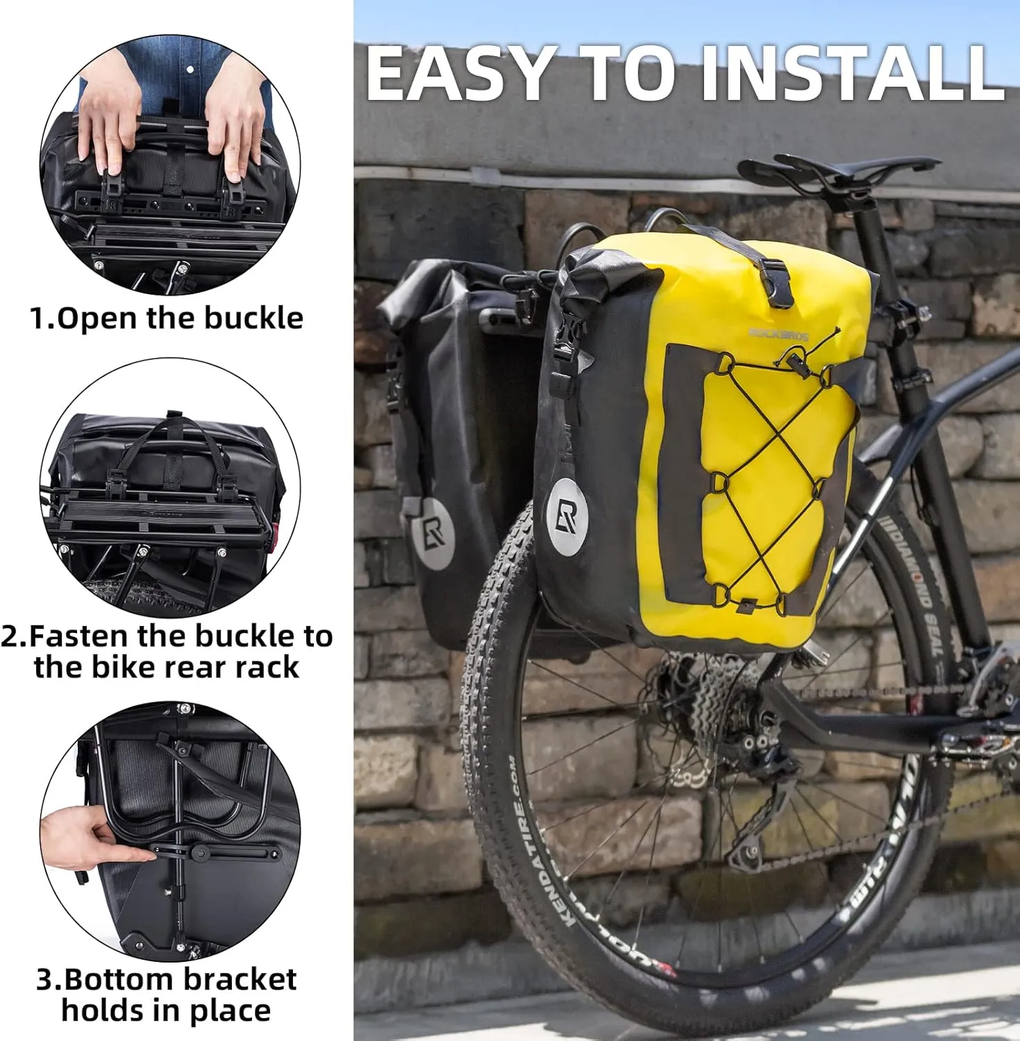 ROCKBROS Bike Pannier Waterproof 27L Large Capacity Bike Bag Rear Rack Bicycle Pannier Bag Waterproof for Grocery Touring Cycling Yellow*1