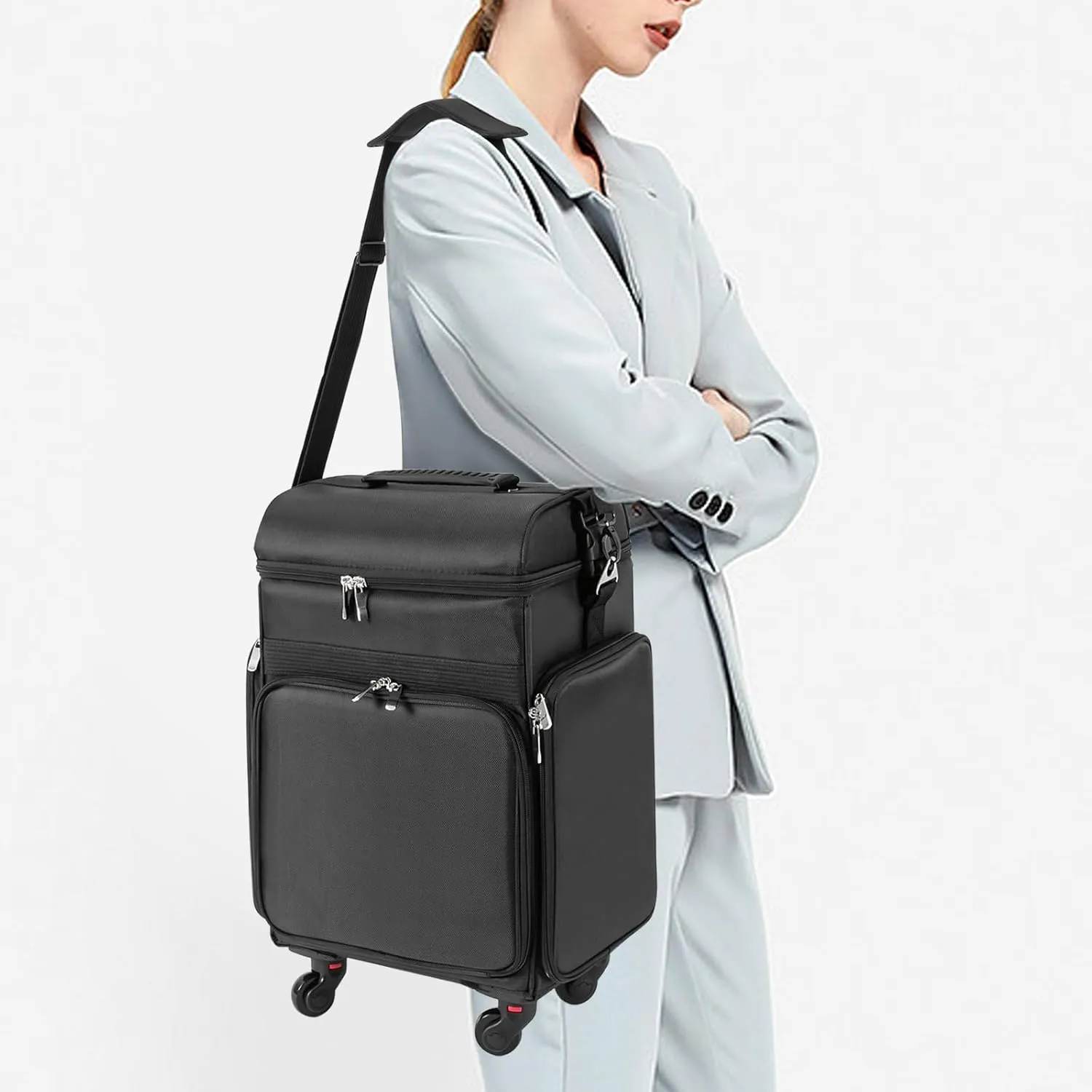 Rolling Makeup Case, Professional Soft Sided Makeup Case Trolley, Makeup Suitcase with Wheels, Trolley for Makeup Artist Nail Technician Hairstylist (Style B)