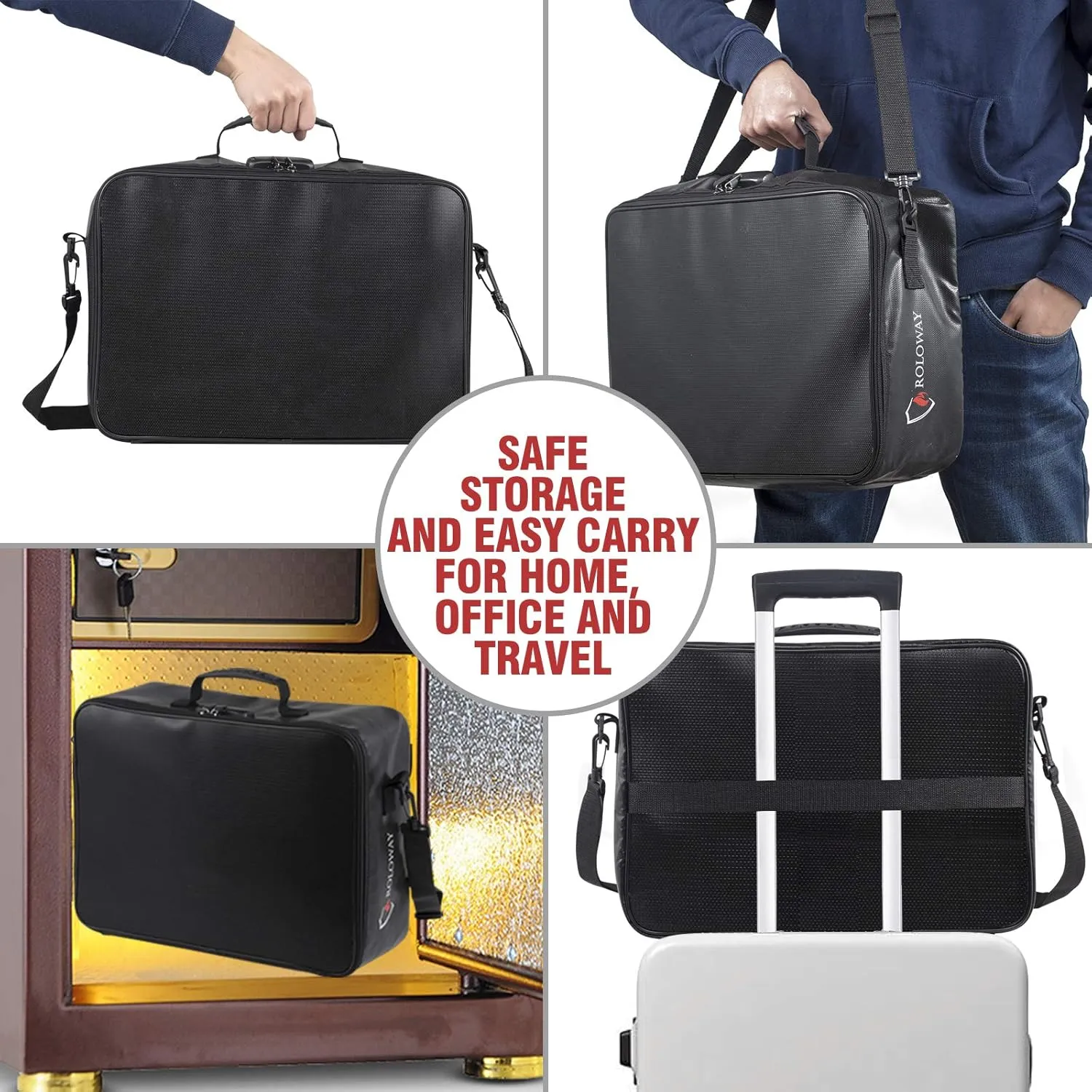 ROLOWAY Fireproof Document Bag with Lock (17 x 11.8 x 5 inch), Important Document Storage Bag with Multi-Layer File Organizers (Black)