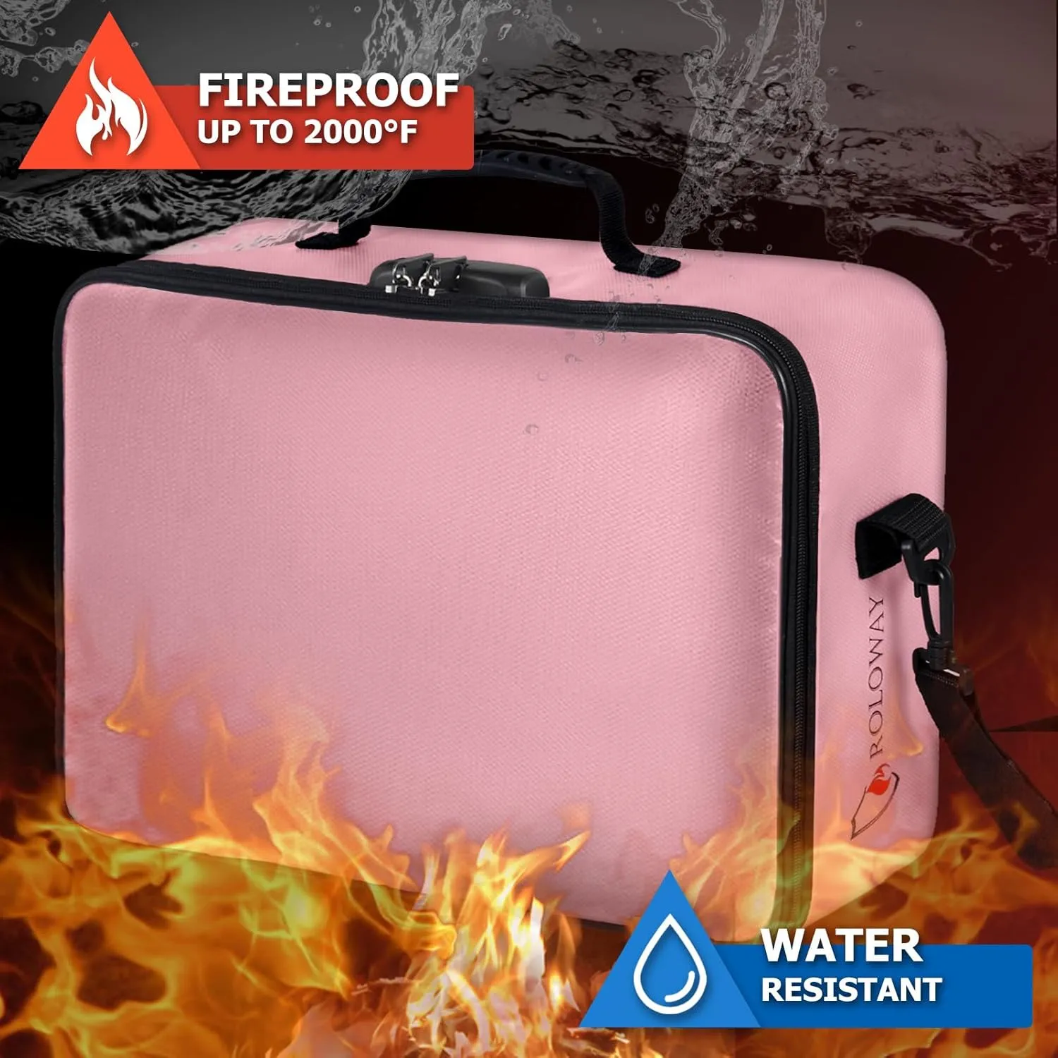ROLOWAY Fireproof Document Bag with Lock (17 x 11.8 x 5 inch), Important Document Storage Bag with Multi-Layer File Organizers (Pink)