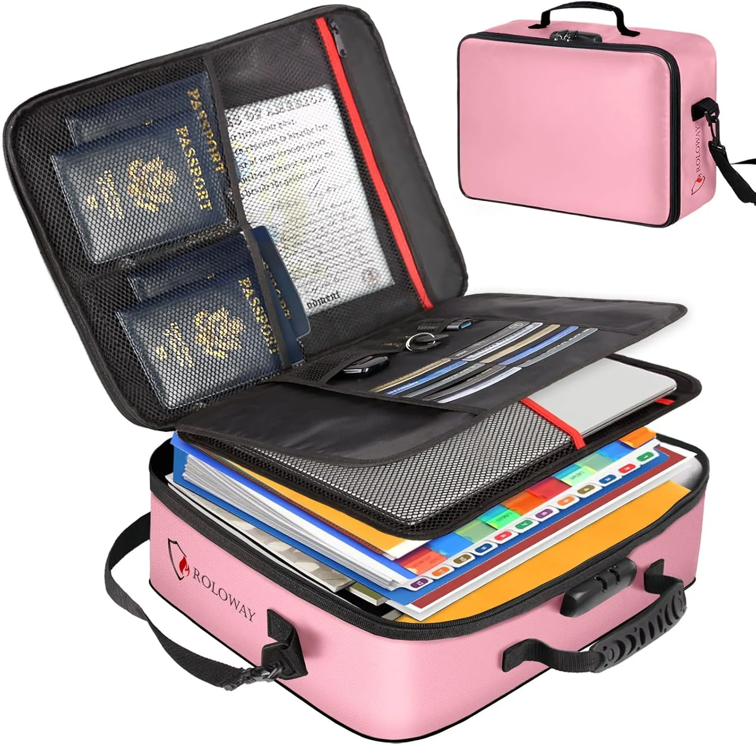 ROLOWAY Fireproof Document Bag with Lock (17 x 11.8 x 5 inch), Important Document Storage Bag with Multi-Layer File Organizers (Pink)