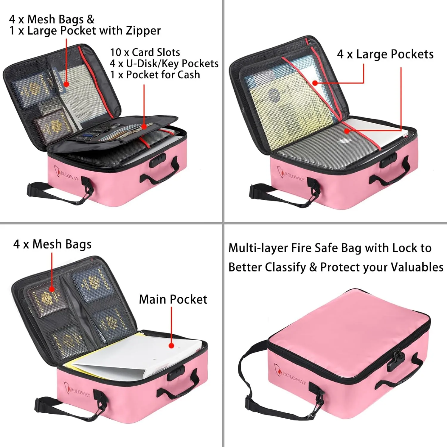 ROLOWAY Fireproof Document Bag with Lock (17 x 11.8 x 5 inch), Important Document Storage Bag with Multi-Layer File Organizers (Pink)