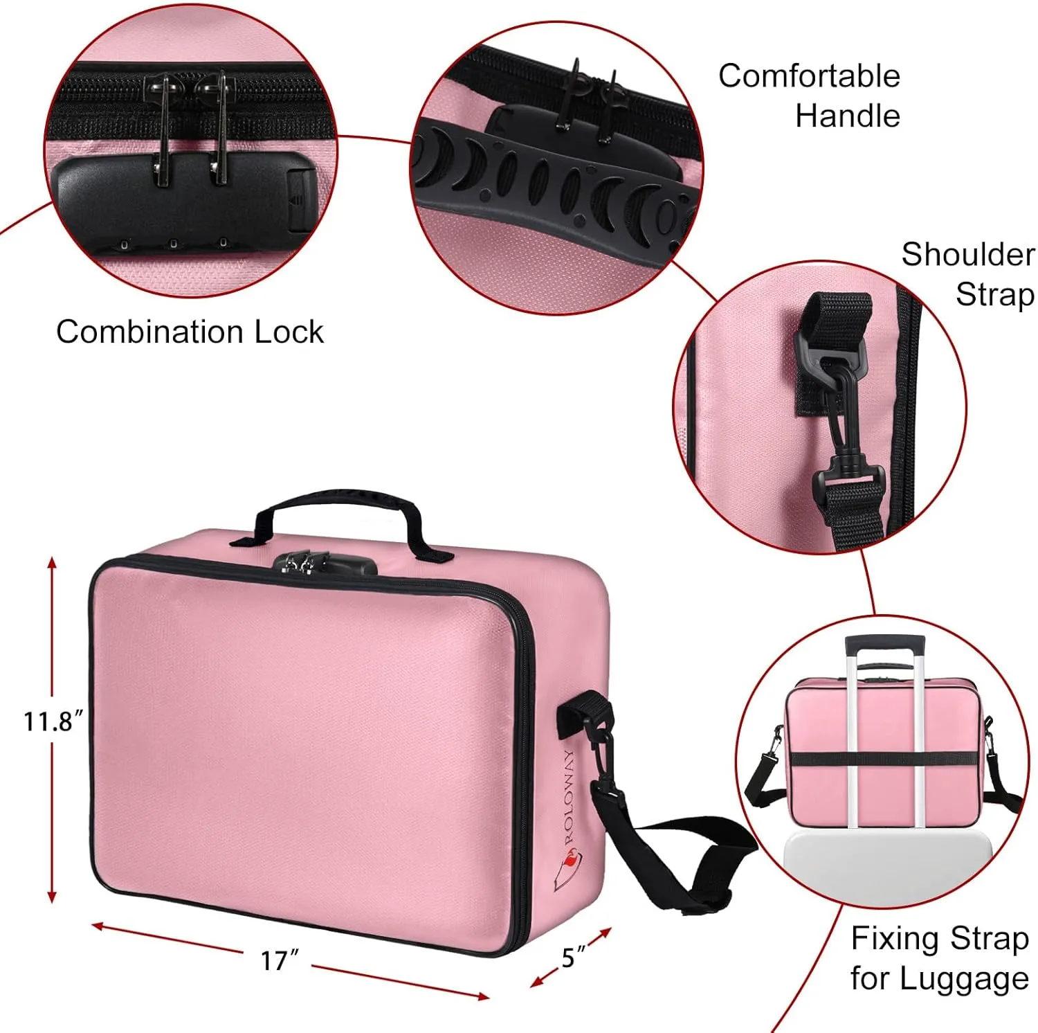 ROLOWAY Fireproof Document Bag with Lock (17 x 11.8 x 5 inch), Important Document Storage Bag with Multi-Layer File Organizers (Pink)