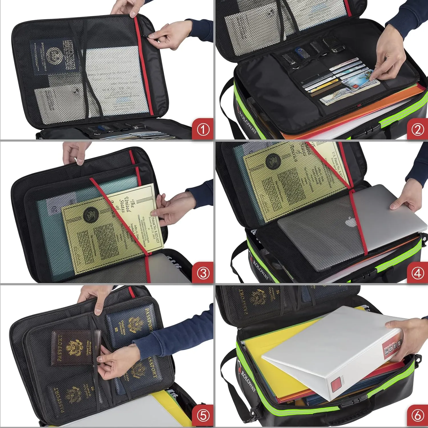 ROLOWAY Fireproof Document Bag with Lock & Reflective Strip (17 x 11.8 x 5 inch), Important Document Storage Bag with Multi-Layer File Organizers (Black)