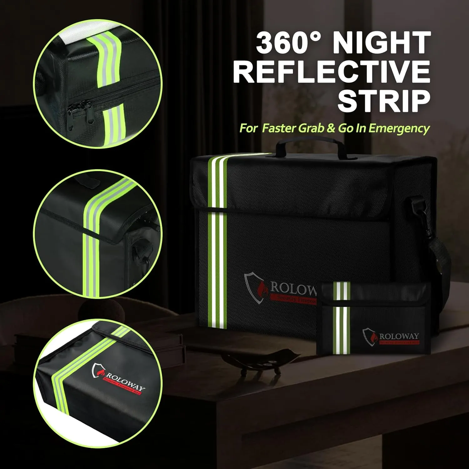 ROLOWAY Large Fireproof Bag 5200°F Heat Insulated (17 x 12 x 5.8 inches) with Reflective Strip, Fireproof Document Bag with Fireproof Money Bag for Cash Safe, Fireproof Safe Bag for Document Safe