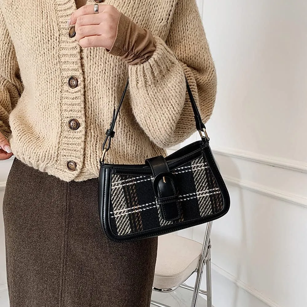 RTGGSEL Women's Contrast Color Plaid Striped Saddle Crossbody Shoulder Underarm Satchel Handbag Tote Clutch Purse Hobo Bag