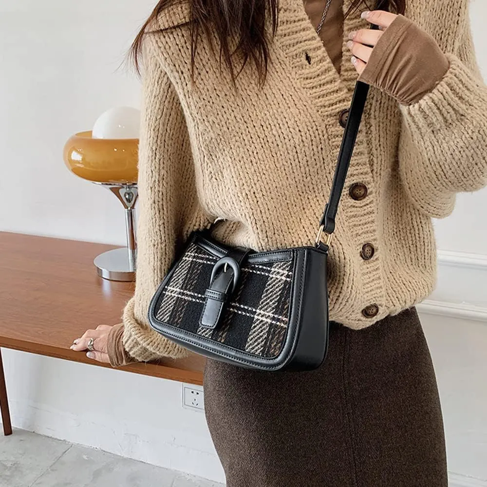 RTGGSEL Women's Contrast Color Plaid Striped Saddle Crossbody Shoulder Underarm Satchel Handbag Tote Clutch Purse Hobo Bag