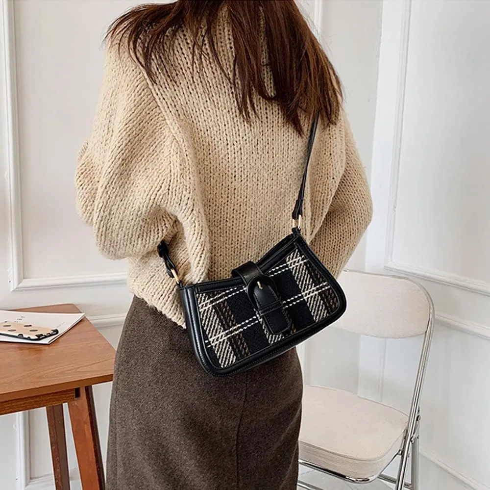 RTGGSEL Women's Contrast Color Plaid Striped Saddle Crossbody Shoulder Underarm Satchel Handbag Tote Clutch Purse Hobo Bag