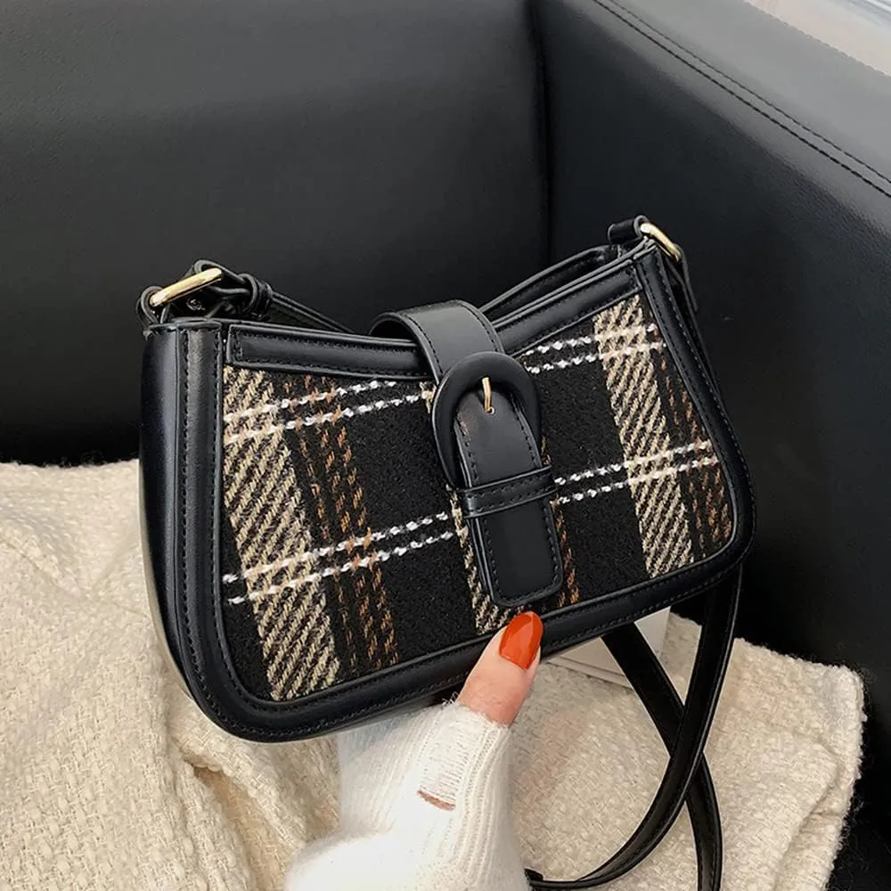 RTGGSEL Women's Contrast Color Plaid Striped Saddle Crossbody Shoulder Underarm Satchel Handbag Tote Clutch Purse Hobo Bag