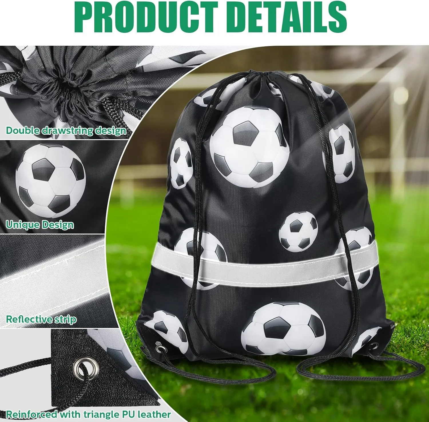 Saintrygo 12 Pcs String Bags Drawstring Back Sack with Reflective Stripe String Bags for Yoga Dance Swimming (Soccer)