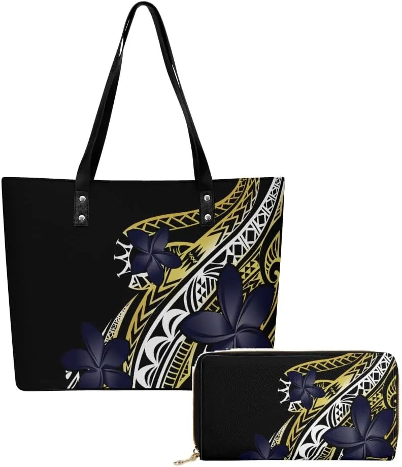 Samoan Tribal Floral Design Women'S Large Capacity Shoulder Bag Custom Polynesian Tote And Purse 2-Piece Set