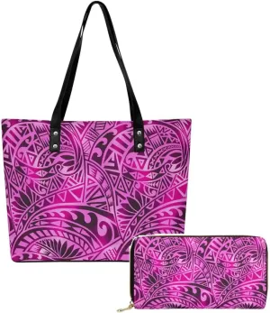 Samoan Tribal Floral Design Women'S Large Capacity Shoulder Bag Custom Polynesian Tote And Purse 2-Piece Set