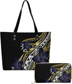 Samoan Tribal Floral Design Women'S Large Capacity Shoulder Bag Custom Polynesian Tote And Purse 2-Piece Set