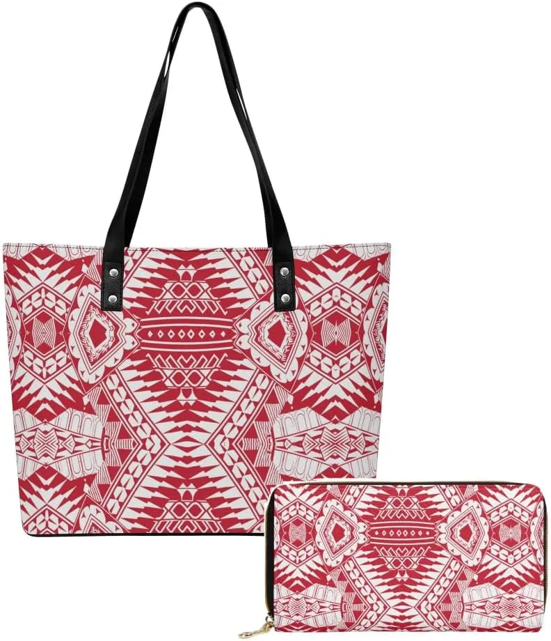 Samoan Tribal Floral Design Women'S Large Capacity Shoulder Bag Custom Polynesian Tote And Purse 2-Piece Set