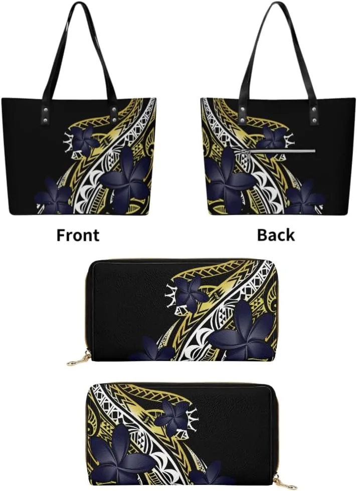 Samoan Tribal Floral Design Women'S Large Capacity Shoulder Bag Custom Polynesian Tote And Purse 2-Piece Set