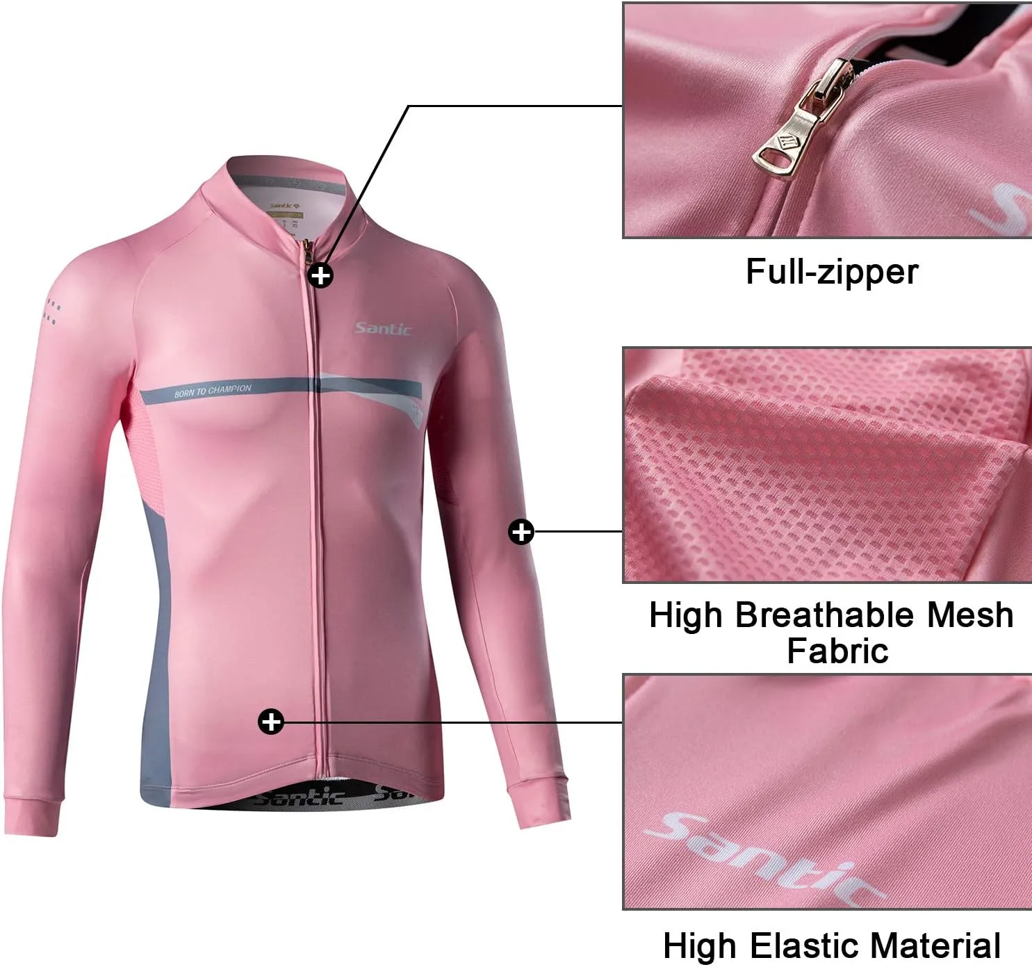 Santic Cycling Jersey Men's Long Sleeve Bike Reflective Full Zip Bicycle Shirts with Pockets