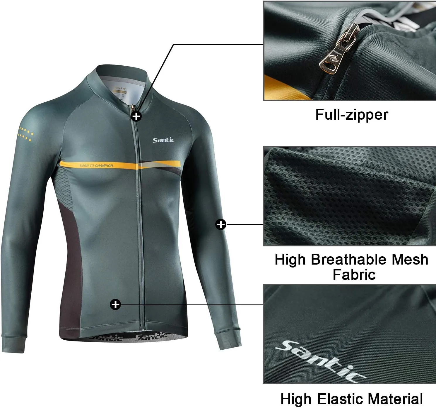 Santic Cycling Jersey Men's Long Sleeve Bike Reflective Full Zip Bicycle Shirts with Pockets