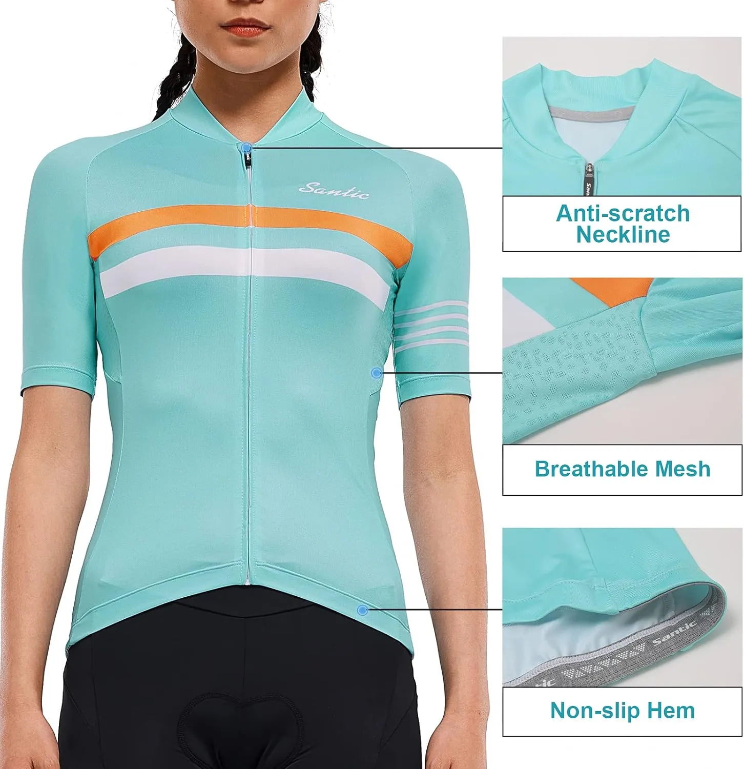 Santic Cycling Jersey Women's Shorts Sleeve Tops Bike Shirts Bicycle Jacket Full Zip with Pockets Andrea