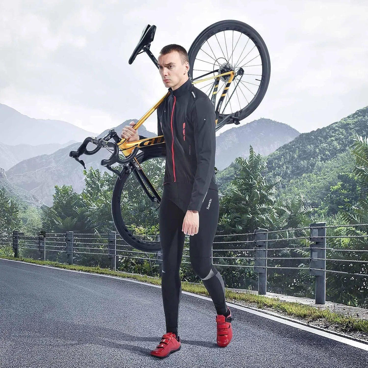 Santic Men's Bike Pants Long 4D Padded Cycling Tights Leggings Outdoor Riding Pants with Zipper Pockets