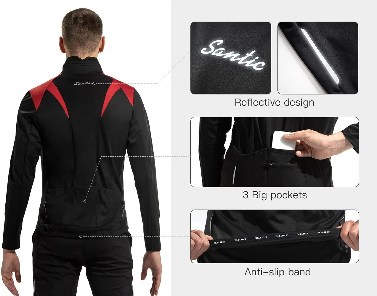 Santic Men's Cycling Bike Winter Jackets Windproof Fleece Thermal Warm UP Running Bike Bicycle Jacket Breathable Windbreaker