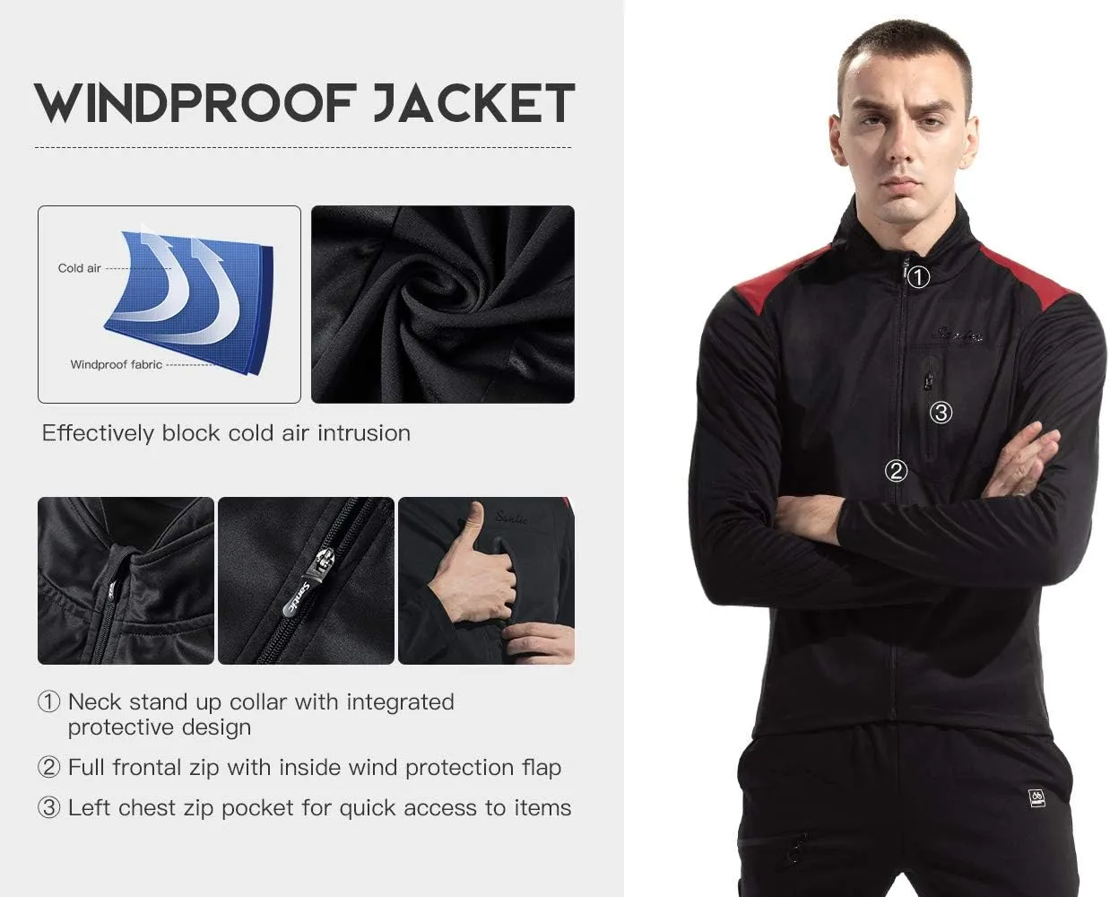 Santic Men's Cycling Bike Winter Jackets Windproof Fleece Thermal Warm UP Running Bike Bicycle Jacket Breathable Windbreaker