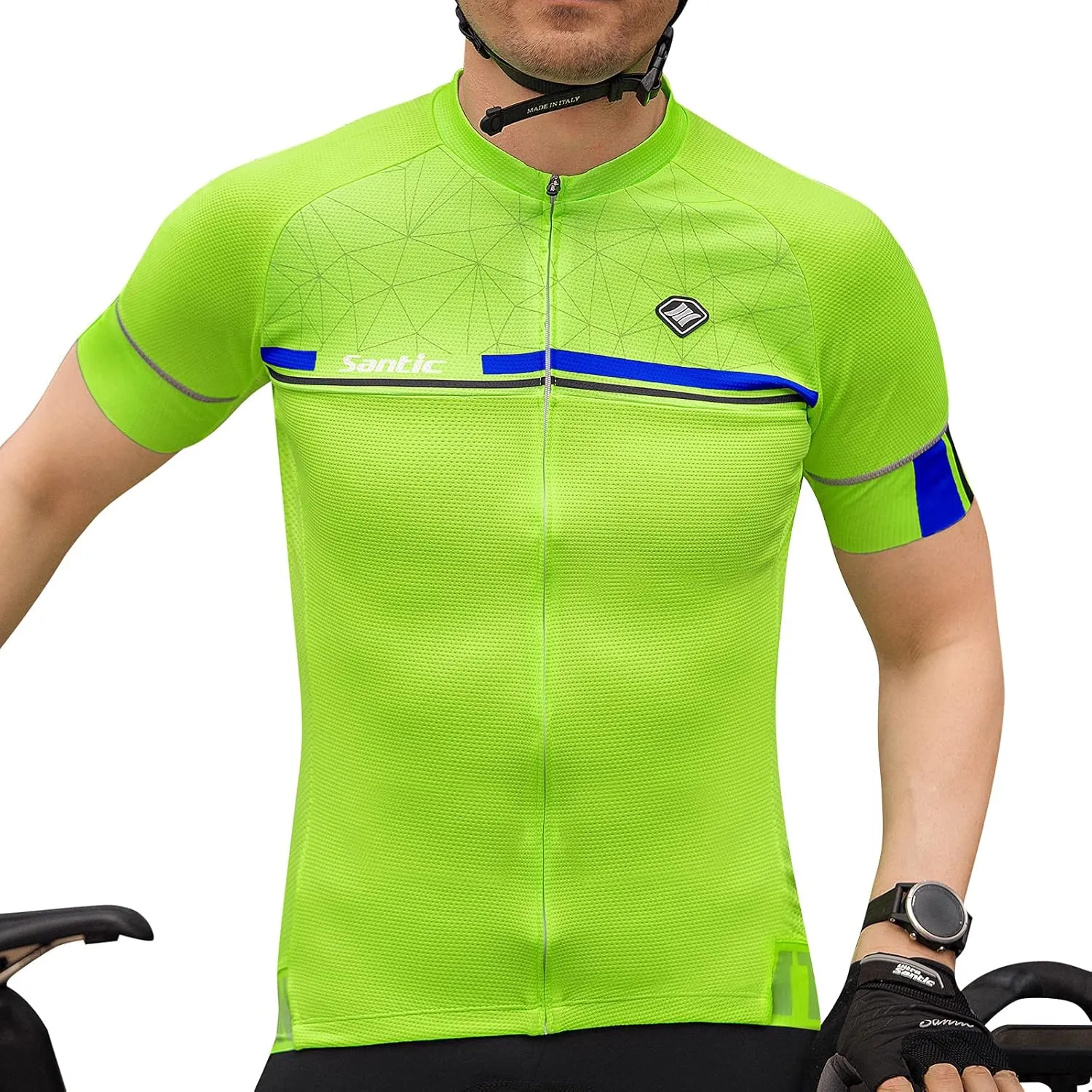 Santic Men's Cycling Jersey Shorts Sleeve Tops Pro Road Bike Bicycle Shirt Full Zip UPF 50  MTB Jersey with Pockets