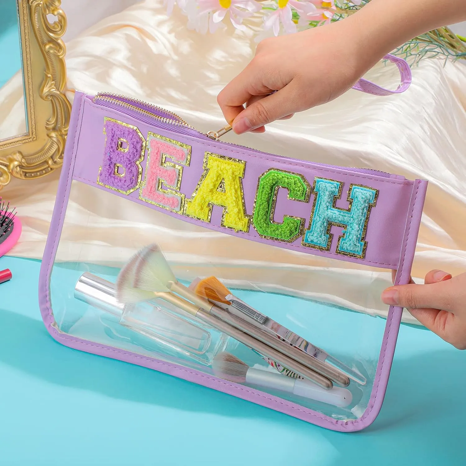 Sanwuta 2 Pcs Chenille Letter Clear Zipper Pouch Clear Cosmetic Bag Makeup Letter Bag Stadium Purse Transparent Travel Patch Pouch(Cute Stuff, Beach,Blue, Purple)