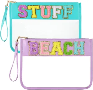 Sanwuta 2 Pcs Chenille Letter Clear Zipper Pouch Clear Cosmetic Bag Makeup Letter Bag Stadium Purse Transparent Travel Patch Pouch(Cute Stuff, Beach,Blue, Purple)