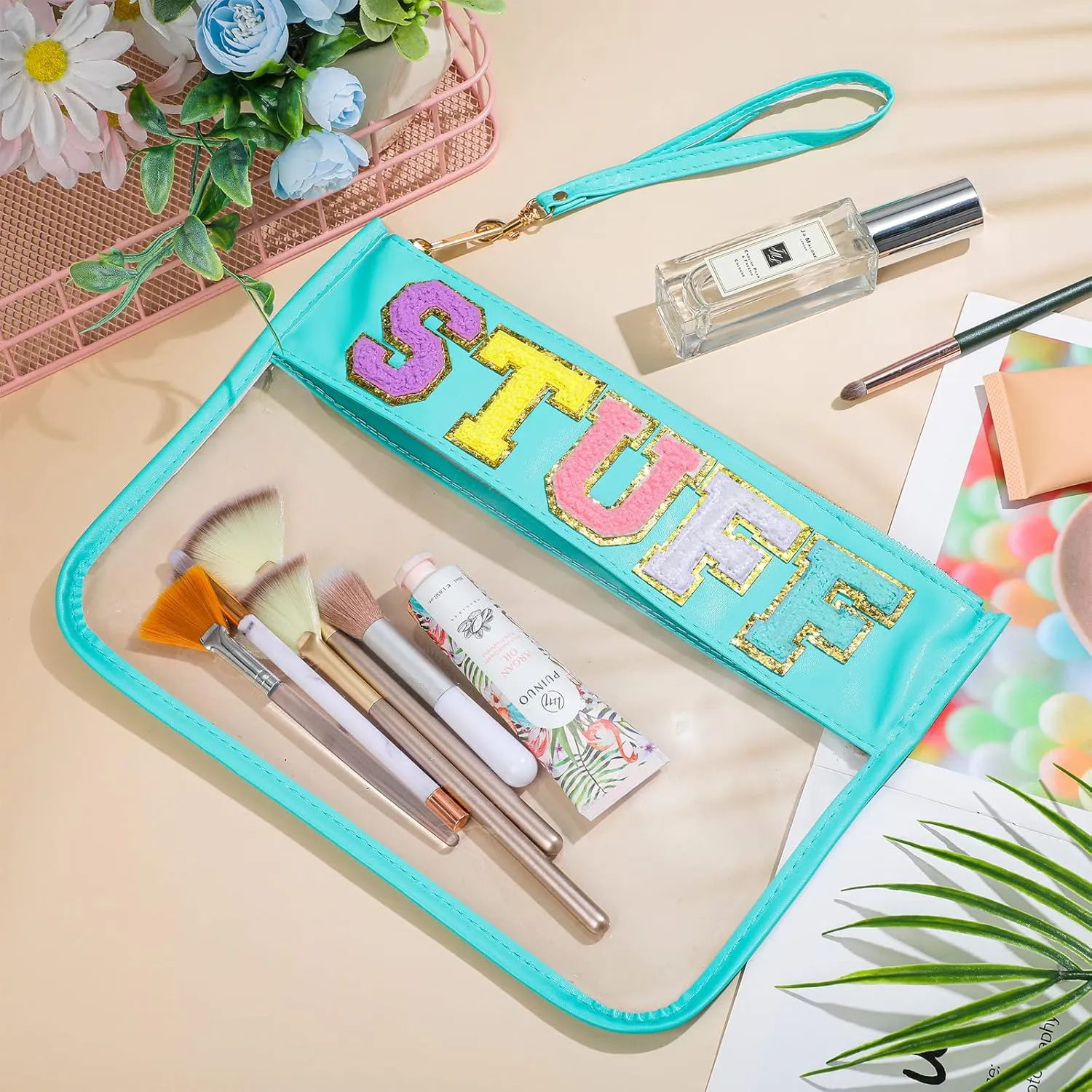 Sanwuta 2 Pcs Chenille Letter Clear Zipper Pouch Clear Cosmetic Bag Makeup Letter Bag Stadium Purse Transparent Travel Patch Pouch(Cute Stuff, Beach,Blue, Purple)