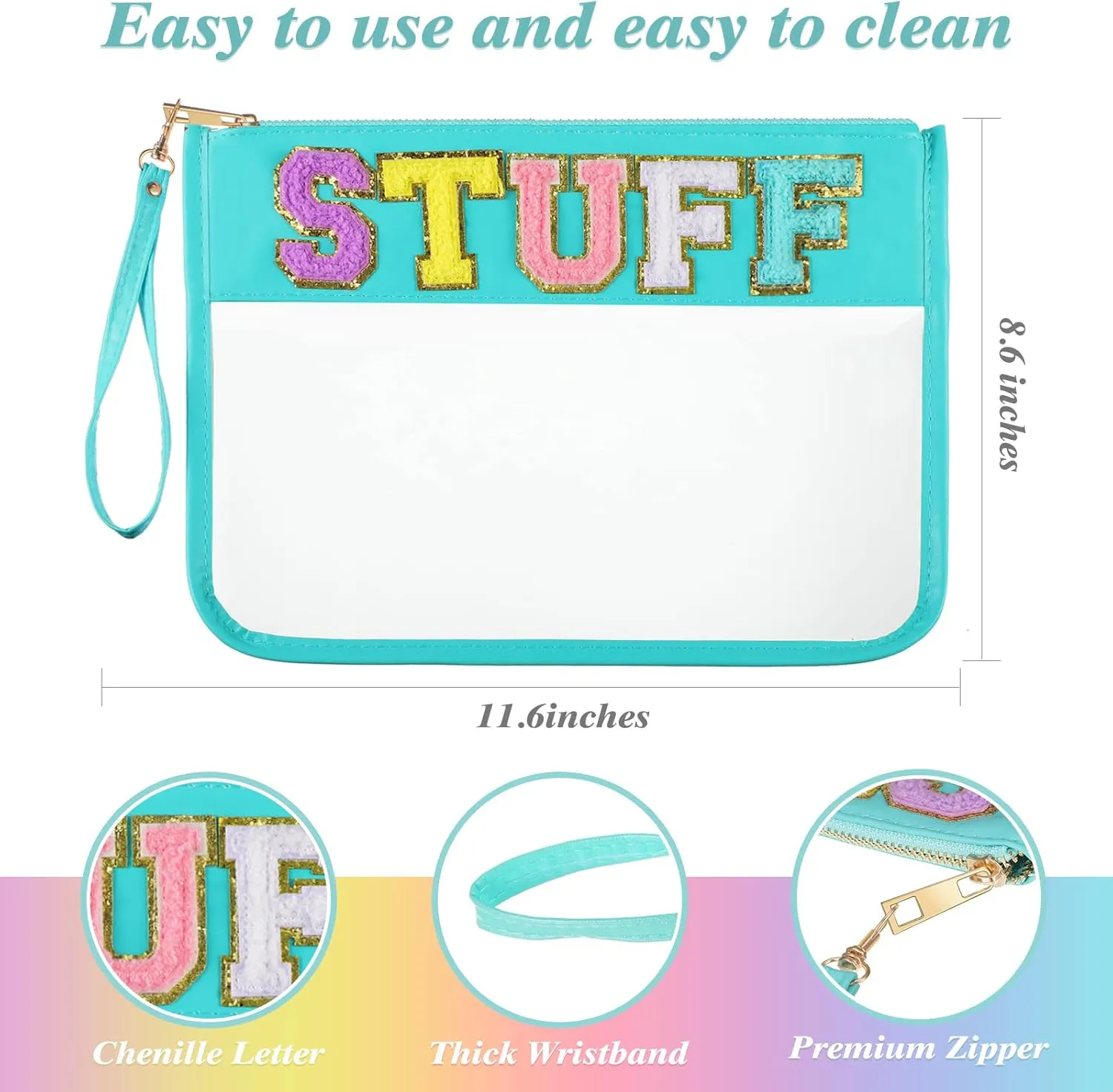 Sanwuta 2 Pcs Chenille Letter Clear Zipper Pouch Clear Cosmetic Bag Makeup Letter Bag Stadium Purse Transparent Travel Patch Pouch(Cute Stuff, Beach,Blue, Purple)