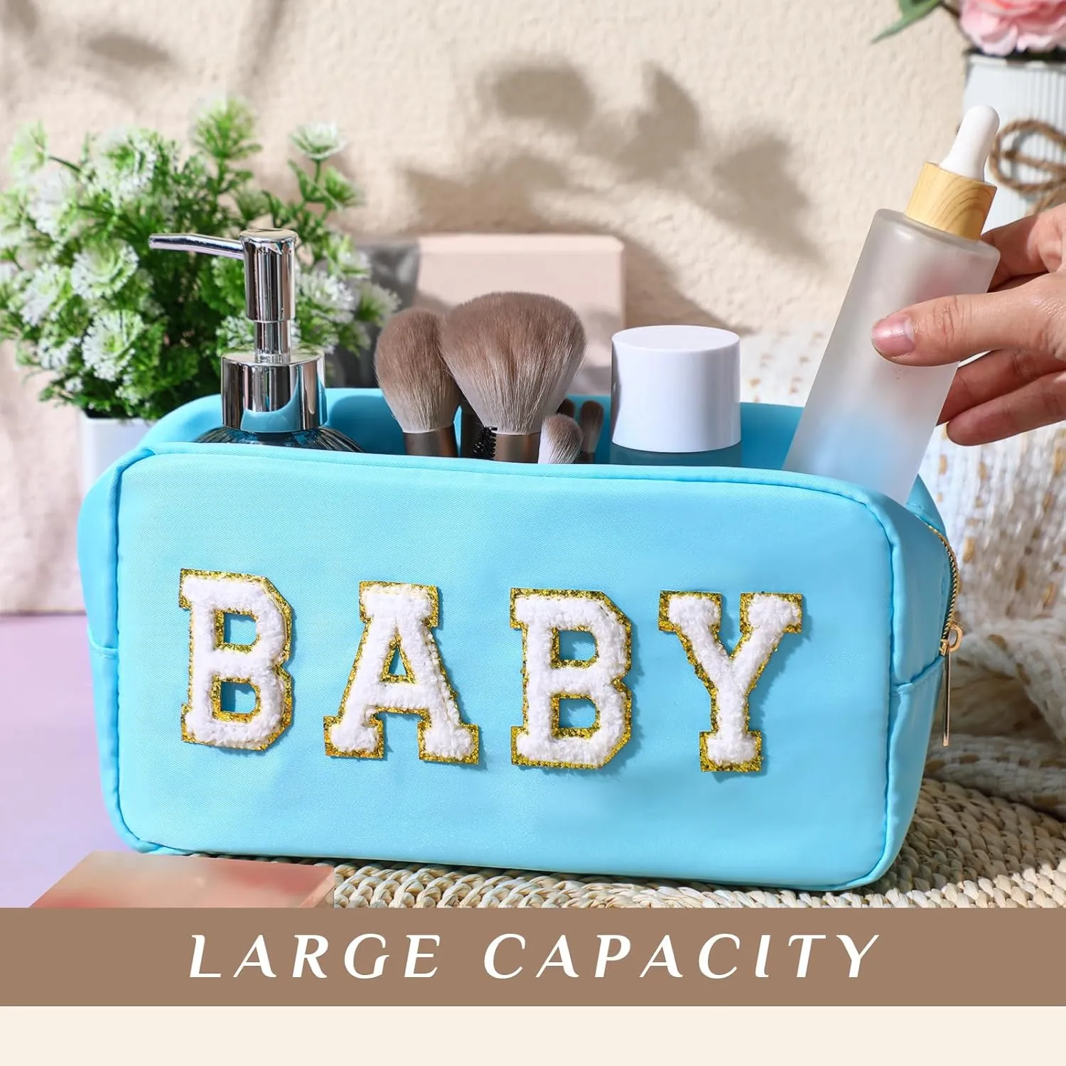 Sanwuta 2 Pieces Mama Gifts Makeup Bag Mom Birthday Gifts Nylon Cosmetic Bag Mothers Day Appreciation Toiletry Preppy Patch Chenille Letter Pouch for Women Her New Mom(Blue, Beige,Baby and Mama)