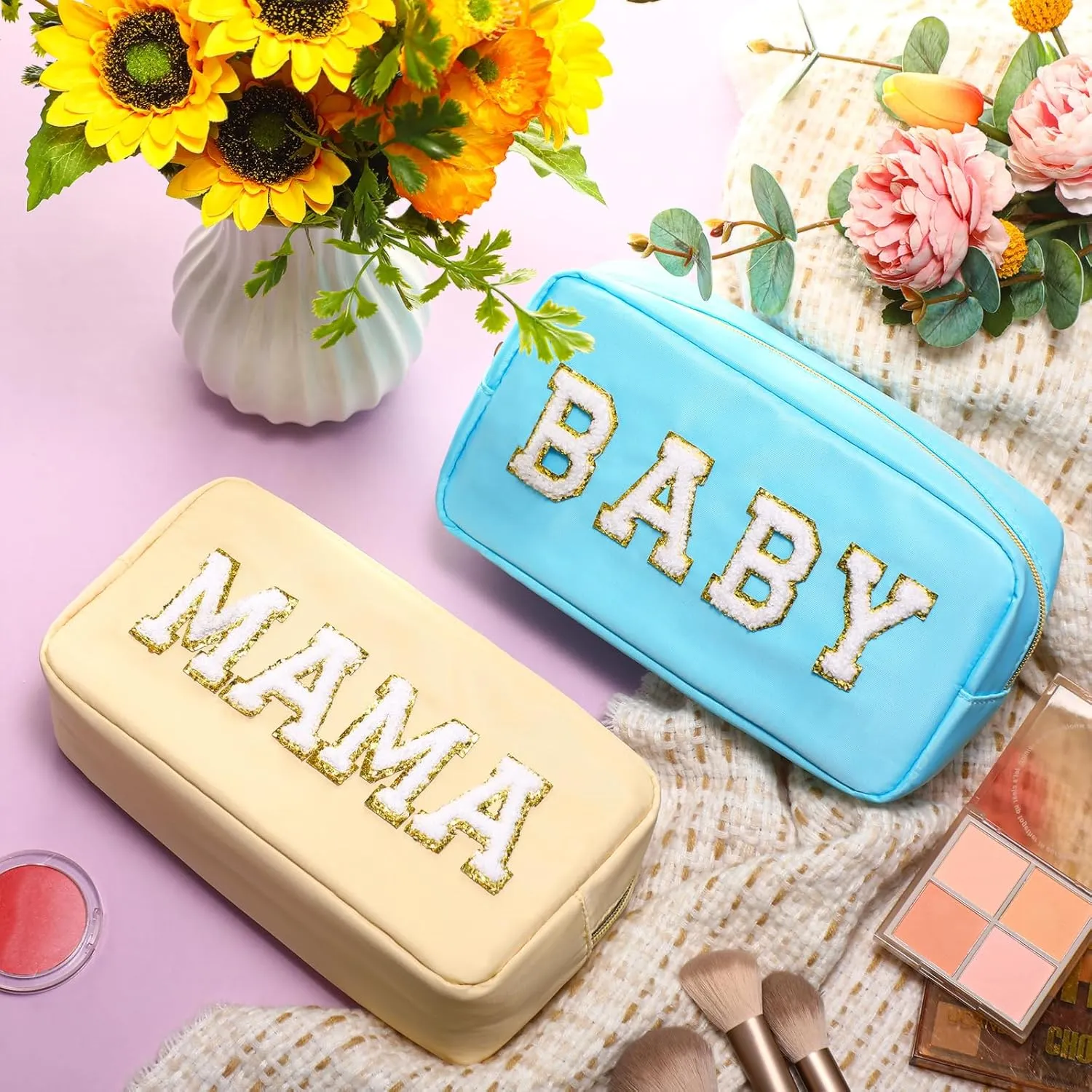 Sanwuta 2 Pieces Mama Gifts Makeup Bag Mom Birthday Gifts Nylon Cosmetic Bag Mothers Day Appreciation Toiletry Preppy Patch Chenille Letter Pouch for Women Her New Mom(Blue, Beige,Baby and Mama)