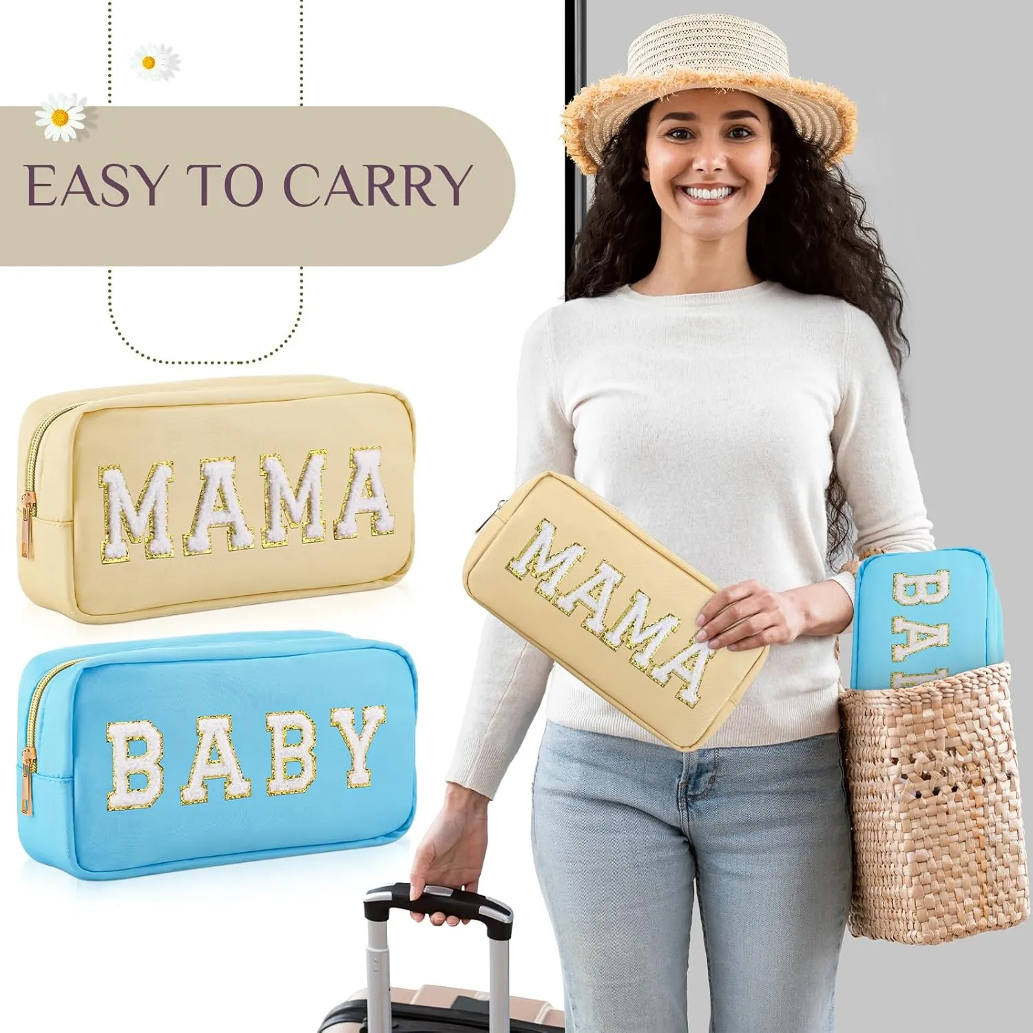 Sanwuta 2 Pieces Mama Gifts Makeup Bag Mom Birthday Gifts Nylon Cosmetic Bag Mothers Day Appreciation Toiletry Preppy Patch Chenille Letter Pouch for Women Her New Mom(Blue, Beige,Baby and Mama)