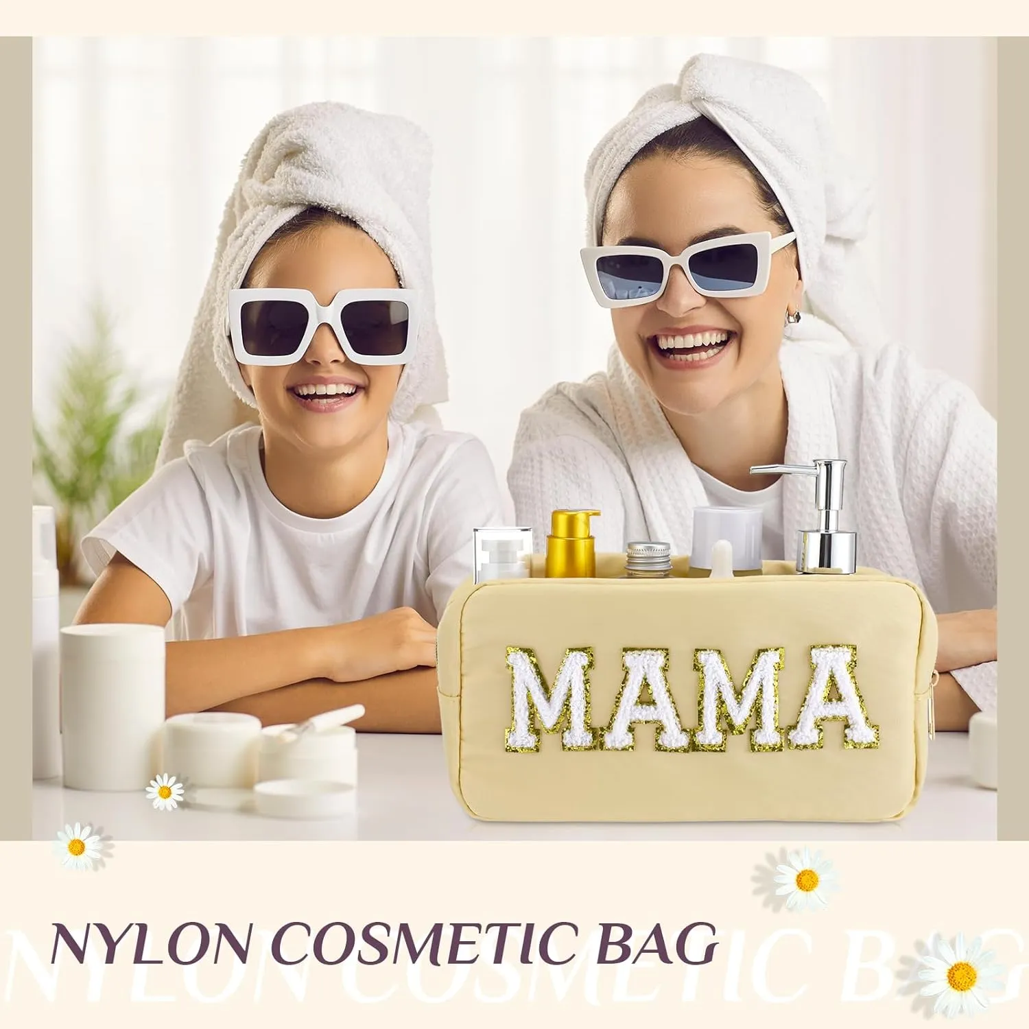 Sanwuta 2 Pieces Mama Gifts Makeup Bag Mom Birthday Gifts Nylon Cosmetic Bag Mothers Day Appreciation Toiletry Preppy Patch Chenille Letter Pouch for Women Her New Mom(Blue, Beige,Baby and Mama)