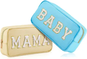 Sanwuta 2 Pieces Mama Gifts Makeup Bag Mom Birthday Gifts Nylon Cosmetic Bag Mothers Day Appreciation Toiletry Preppy Patch Chenille Letter Pouch for Women Her New Mom(Blue, Beige,Baby and Mama)