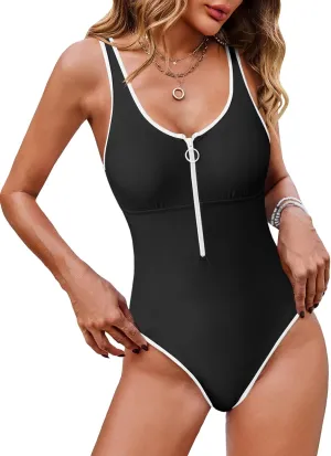 Saodimallsu Womens Zip Up One Piece Swimsuit Color Block Backless Vintage Slimming High Cut Bathing Suit