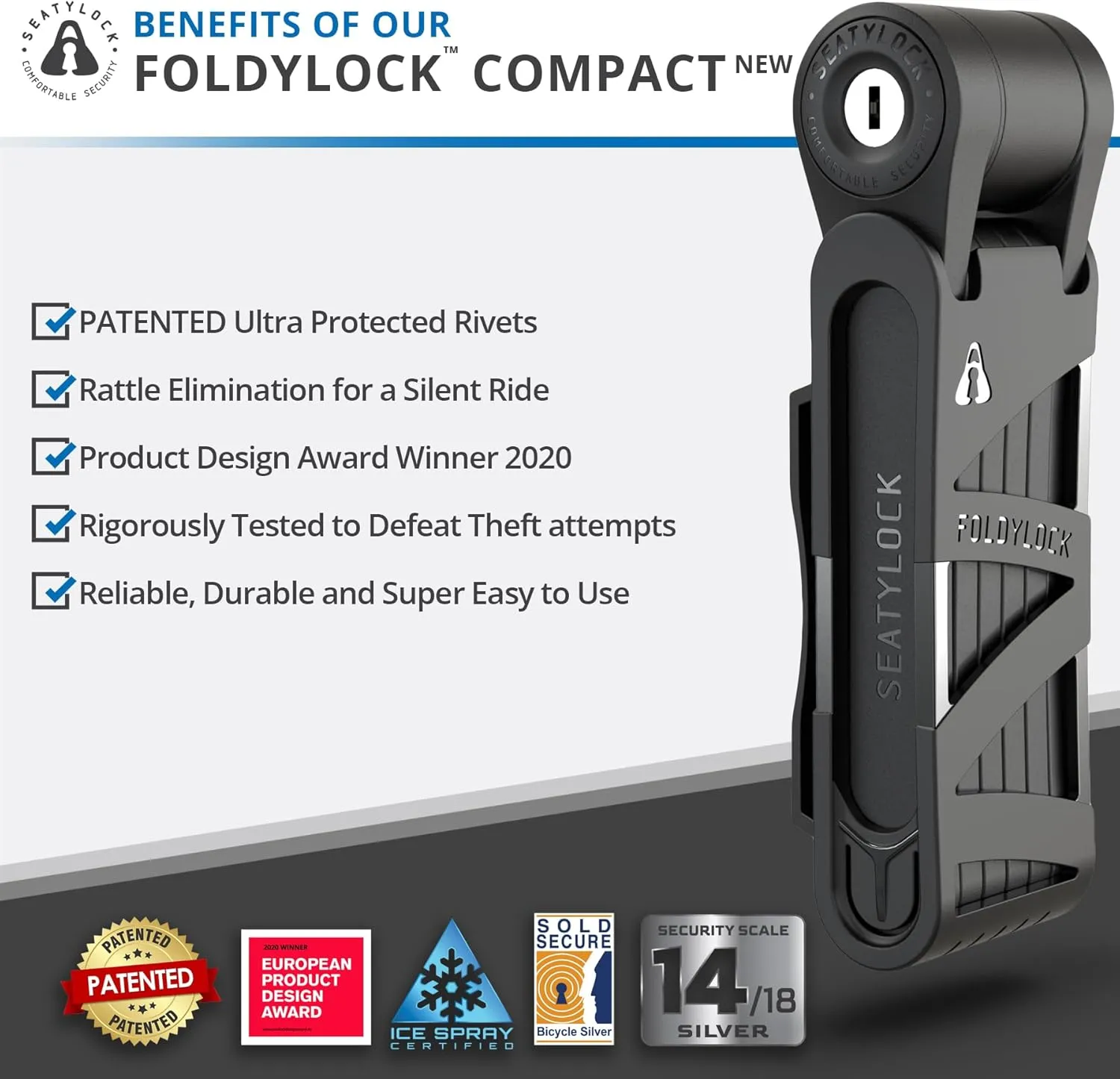 Seatylock FoldyLock Compact Folding Bike Lock - Award Winning Patented Lightweight High Security Bicycle Lock - Heavy Duty Anti Theft Smart Secure Guard with Keys & Case for Bikes or Scooters